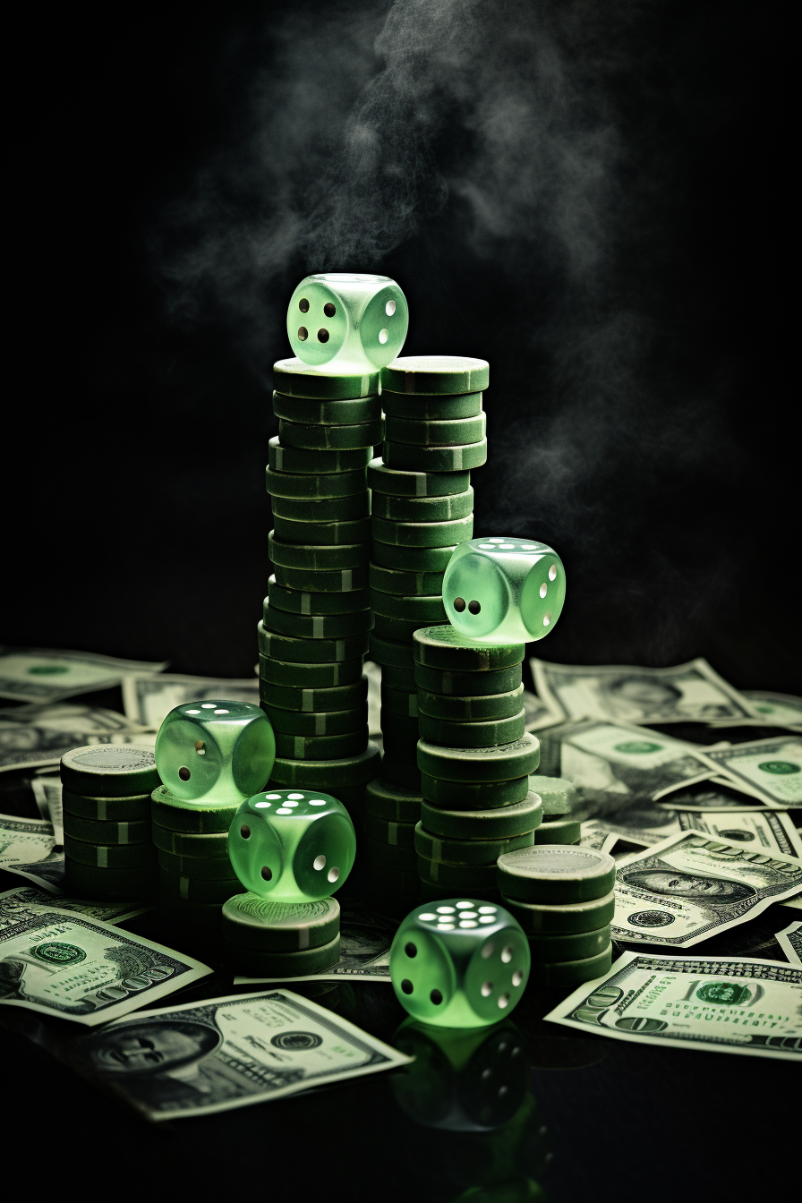 Stacked green dice and money stacks