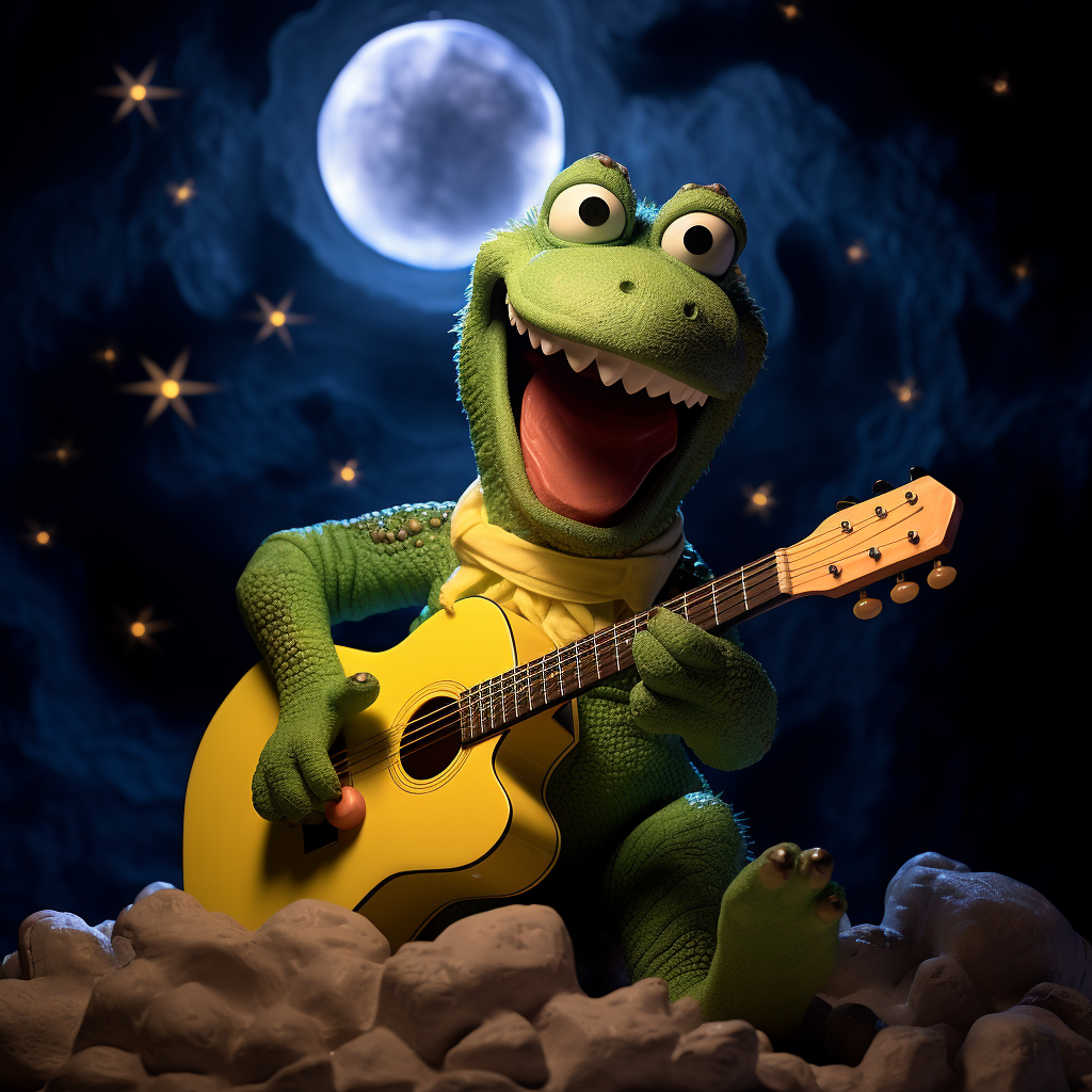 Smiling green dinosaur child under full moon