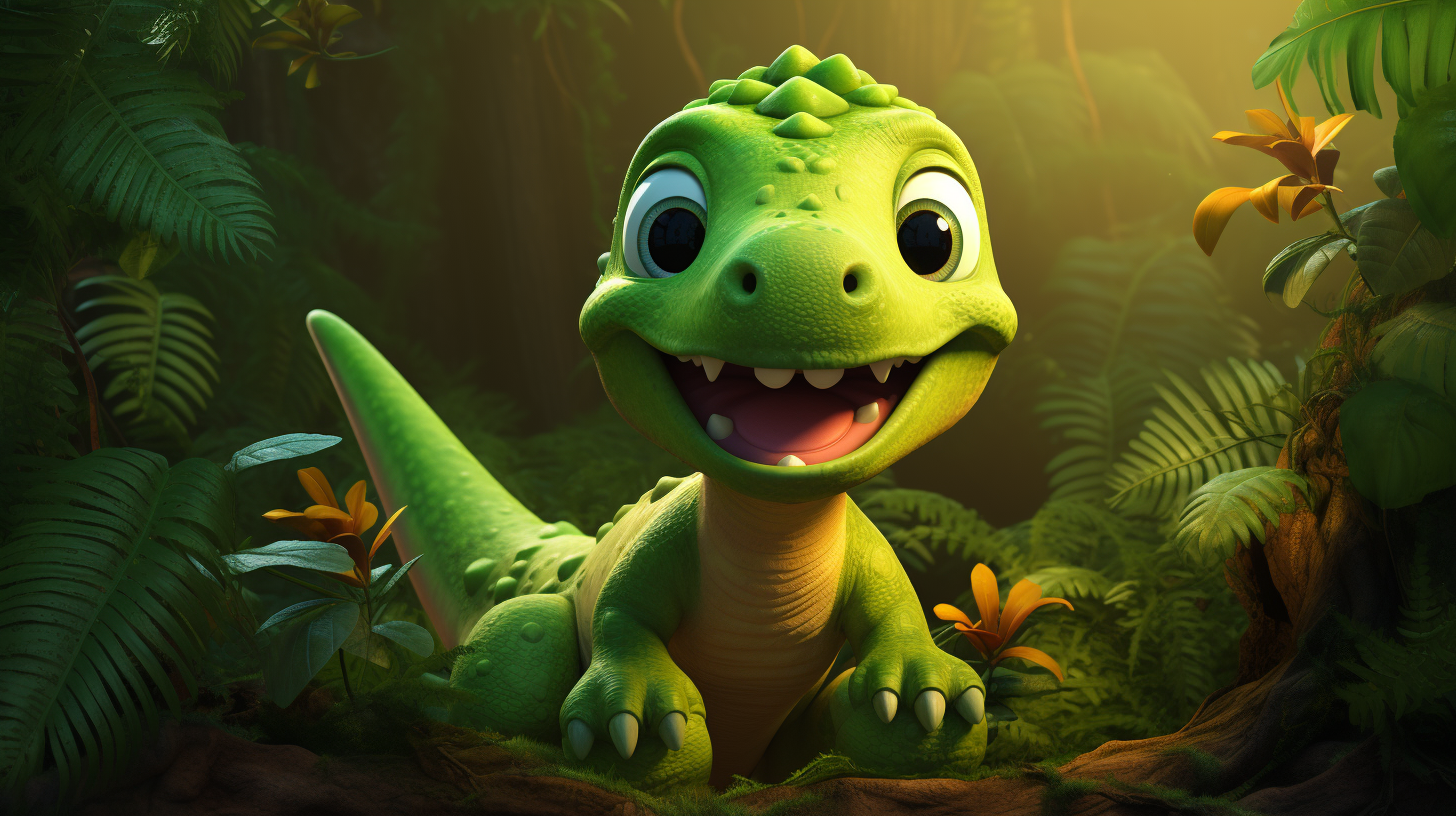 Cute green dinosaur in vibrant jungle