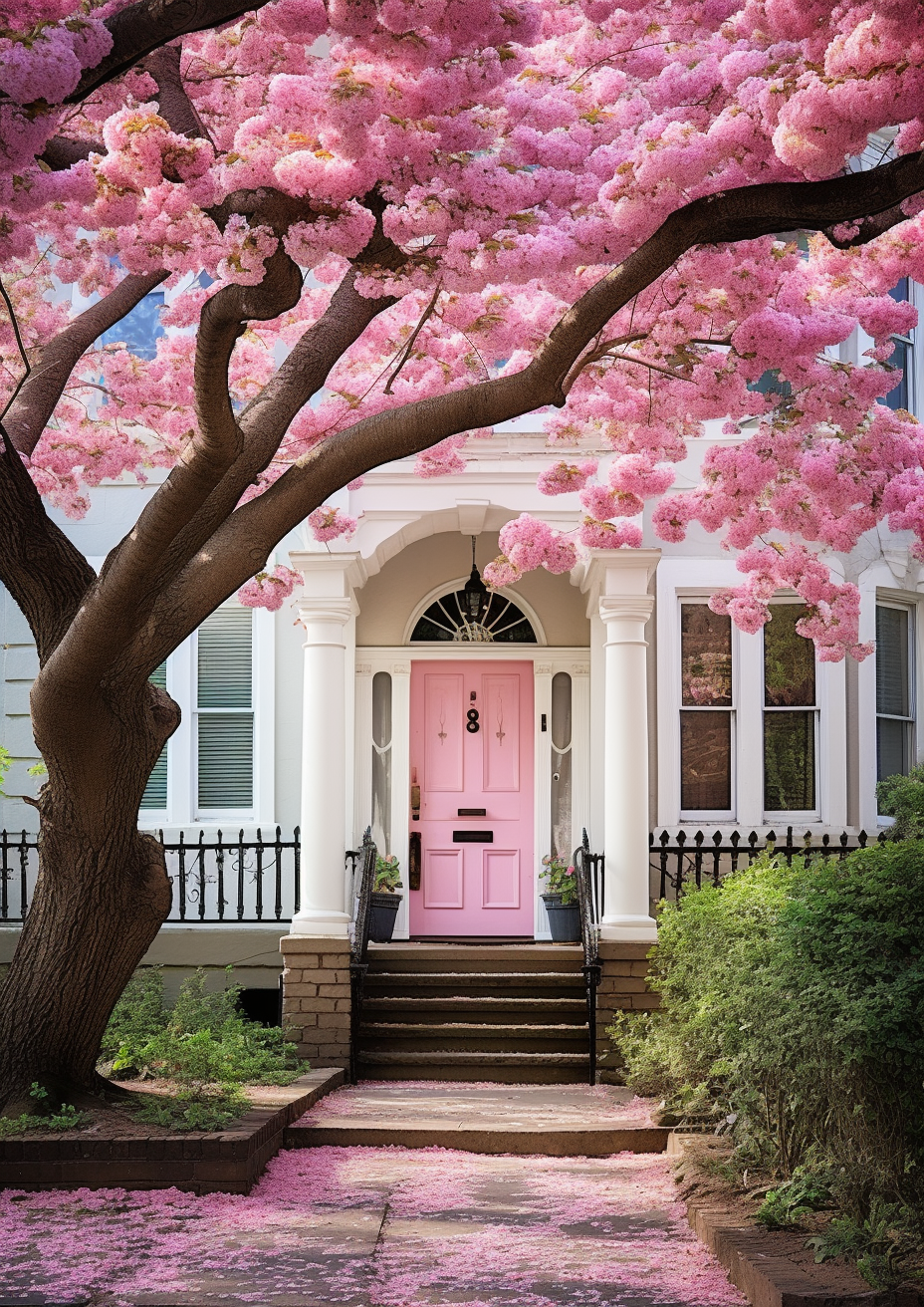 Charming green door framed by vibrant pink blossoms