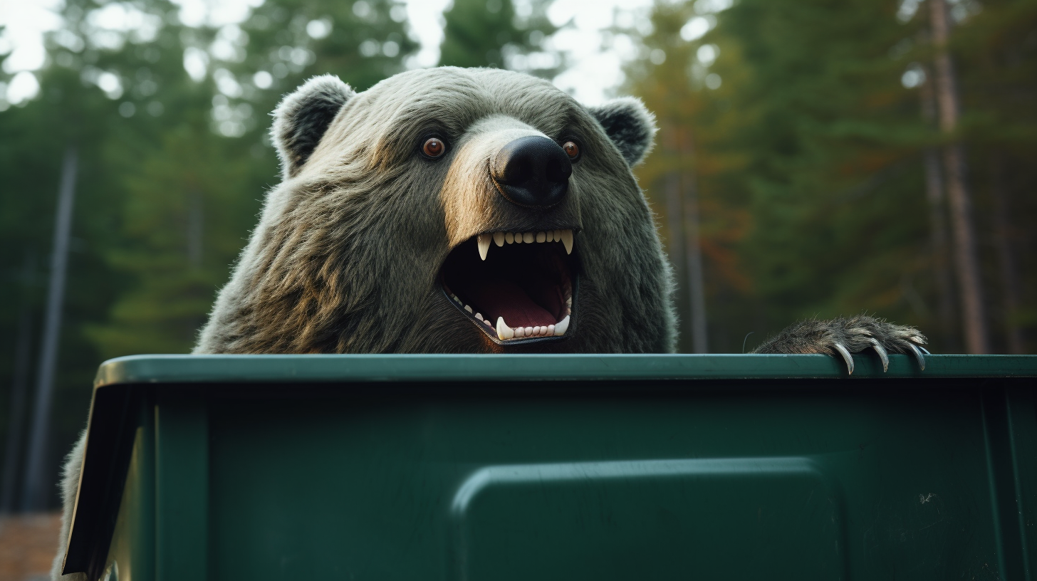 Smiling grizzly bear in green dumpster