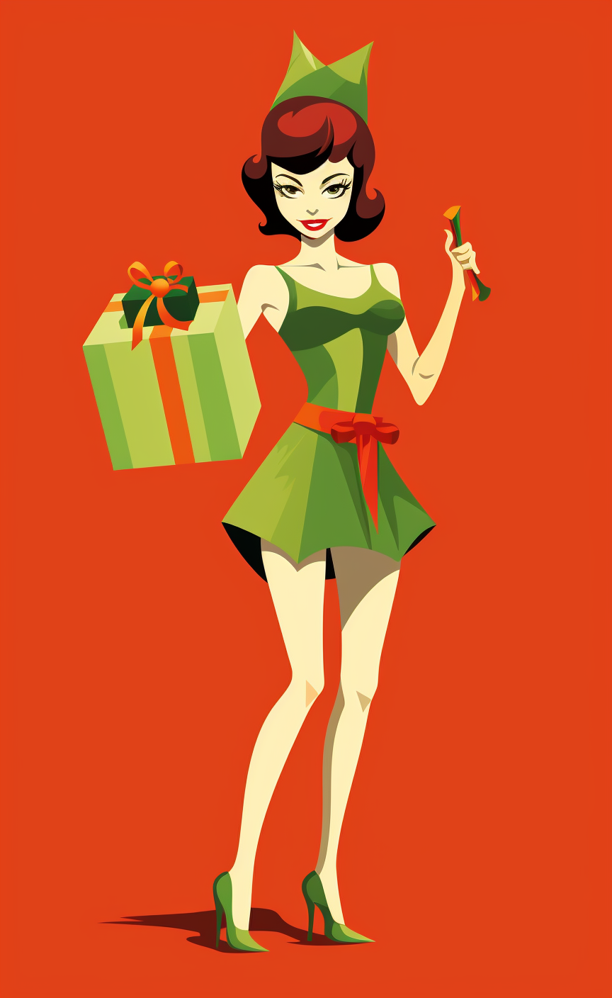 Girl in Green Elf Costume with Gift Box