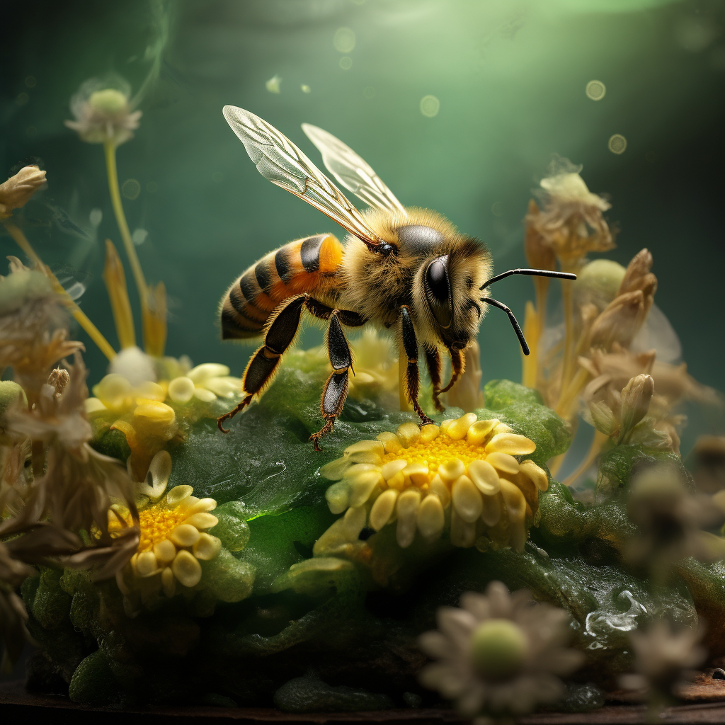 Vibrant bee pollinating emerald flower