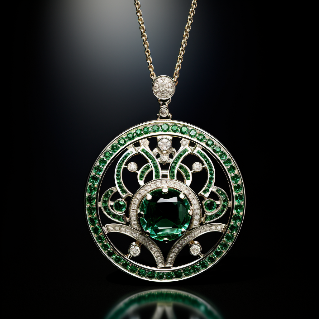 Green emerald round pendant with diamonds