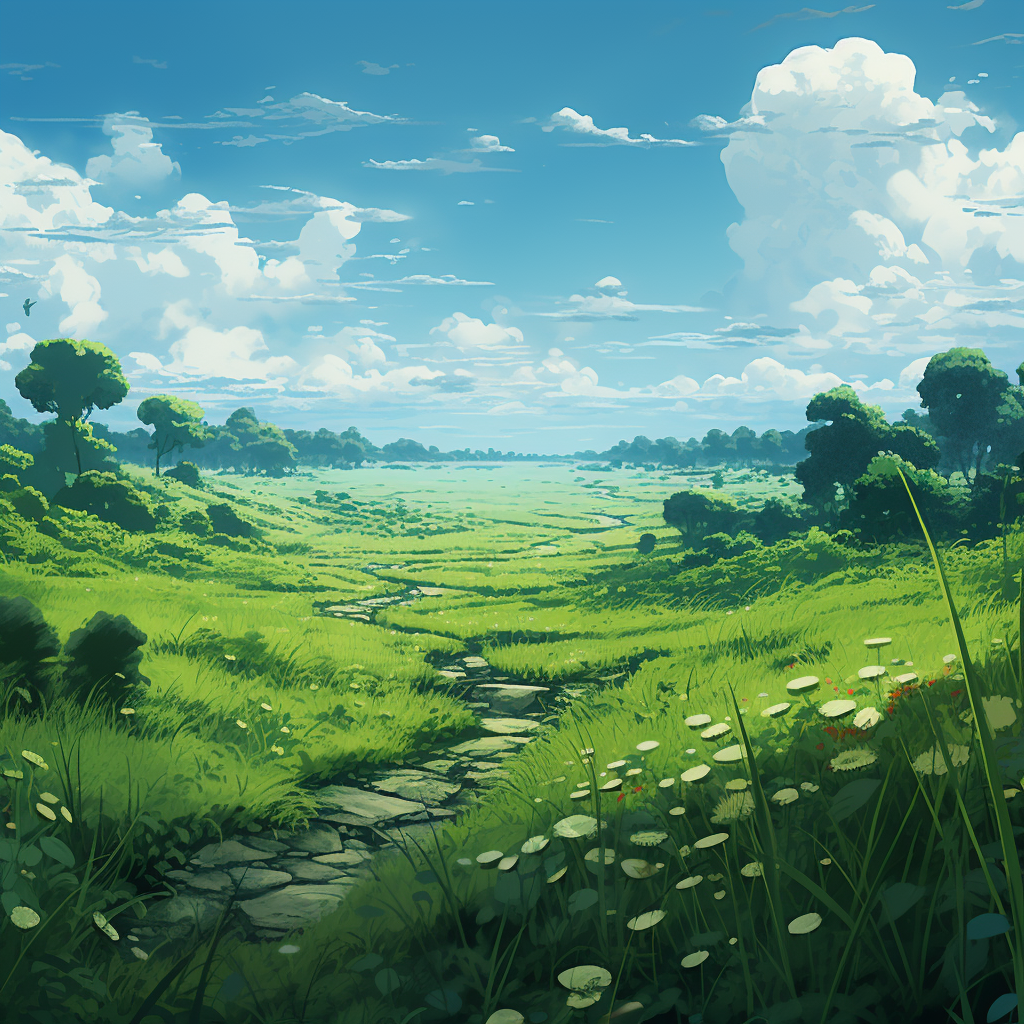 Beautiful anime-style green field with abundant vegetation