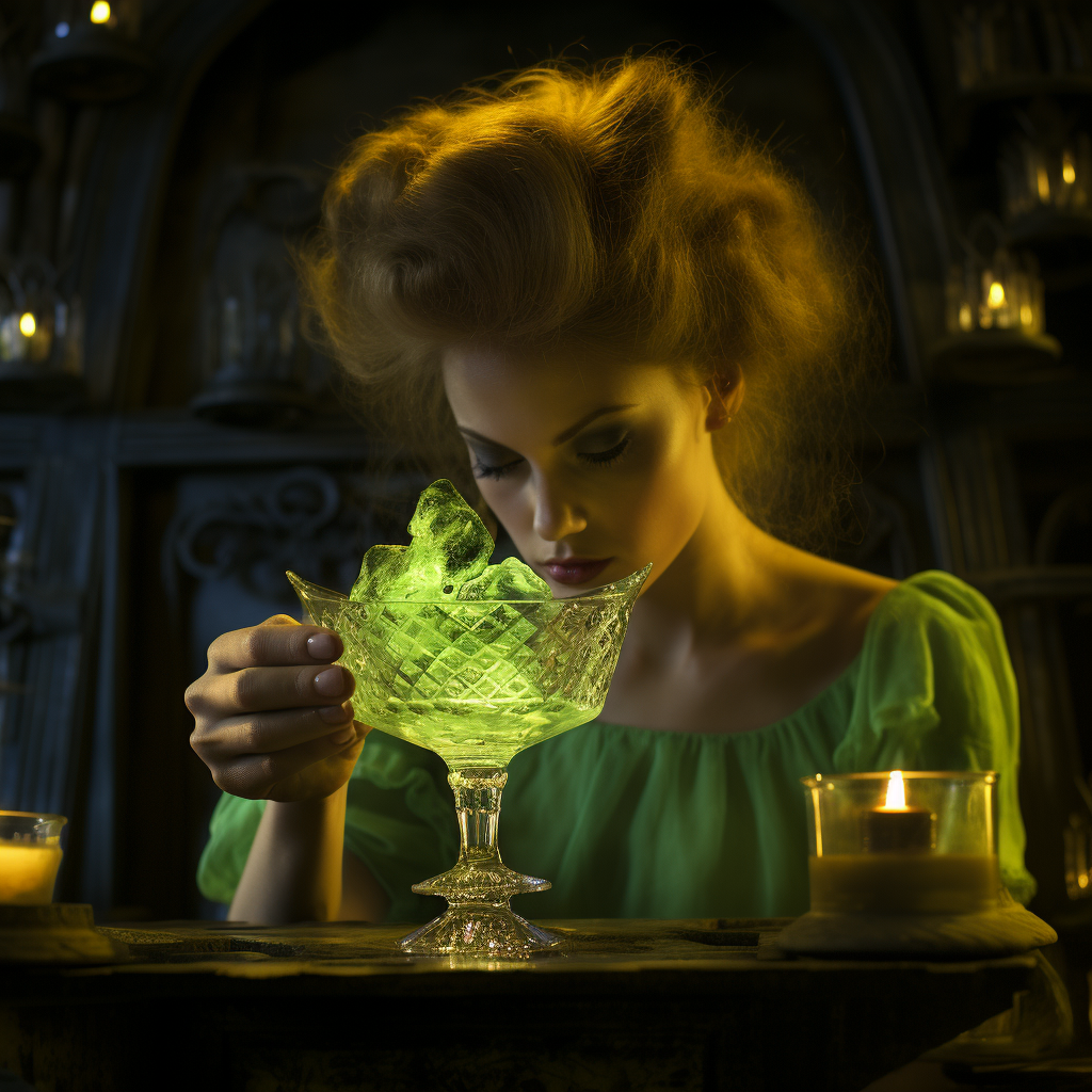 Enchanting green fairy surrounded by candlelight