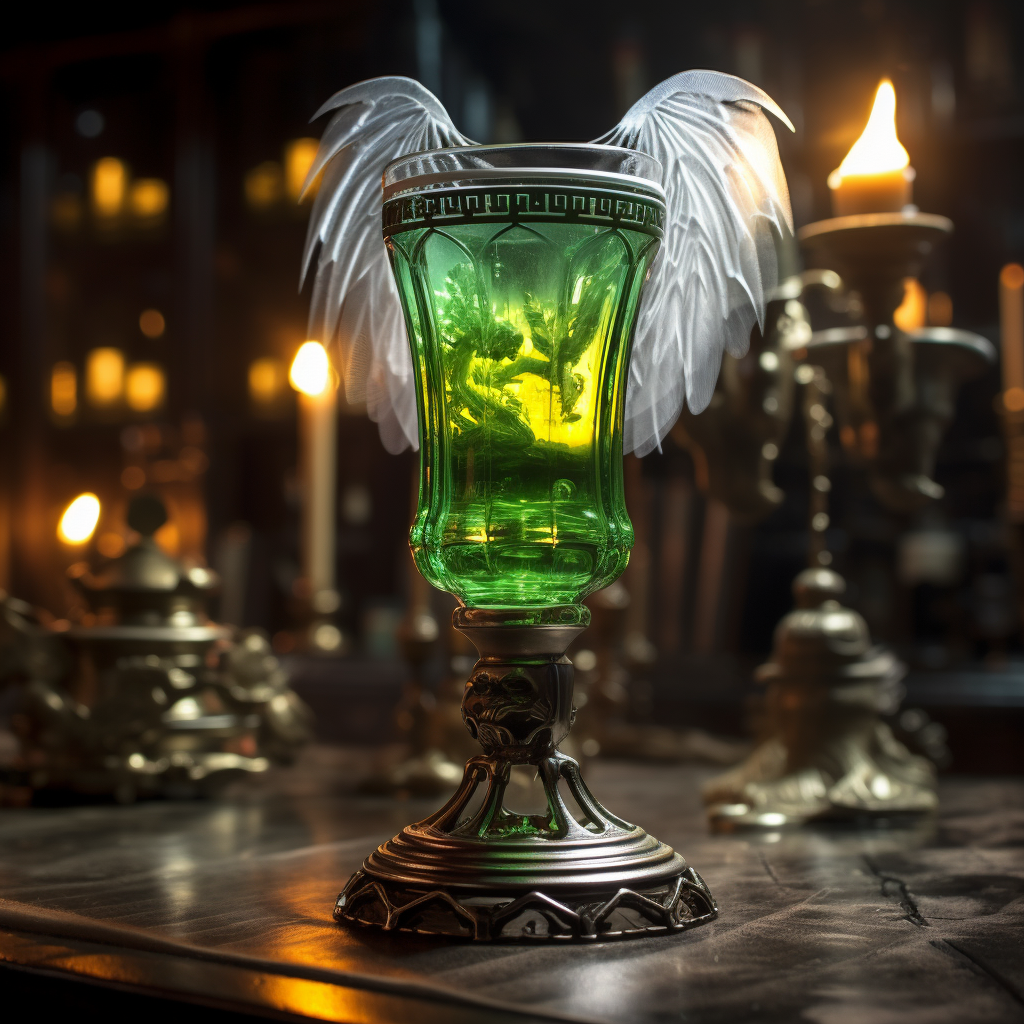 Green fairy rising from absinthe glass in candlelight