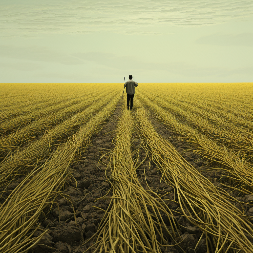 Farmer Collecting Uncooked Spaghetti Sticks from Green Field