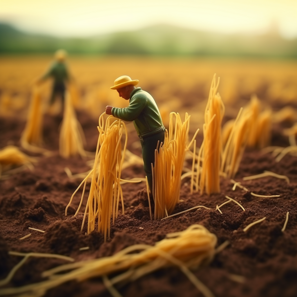 Farmer collecting uncooked spaghetti sticks in a green field