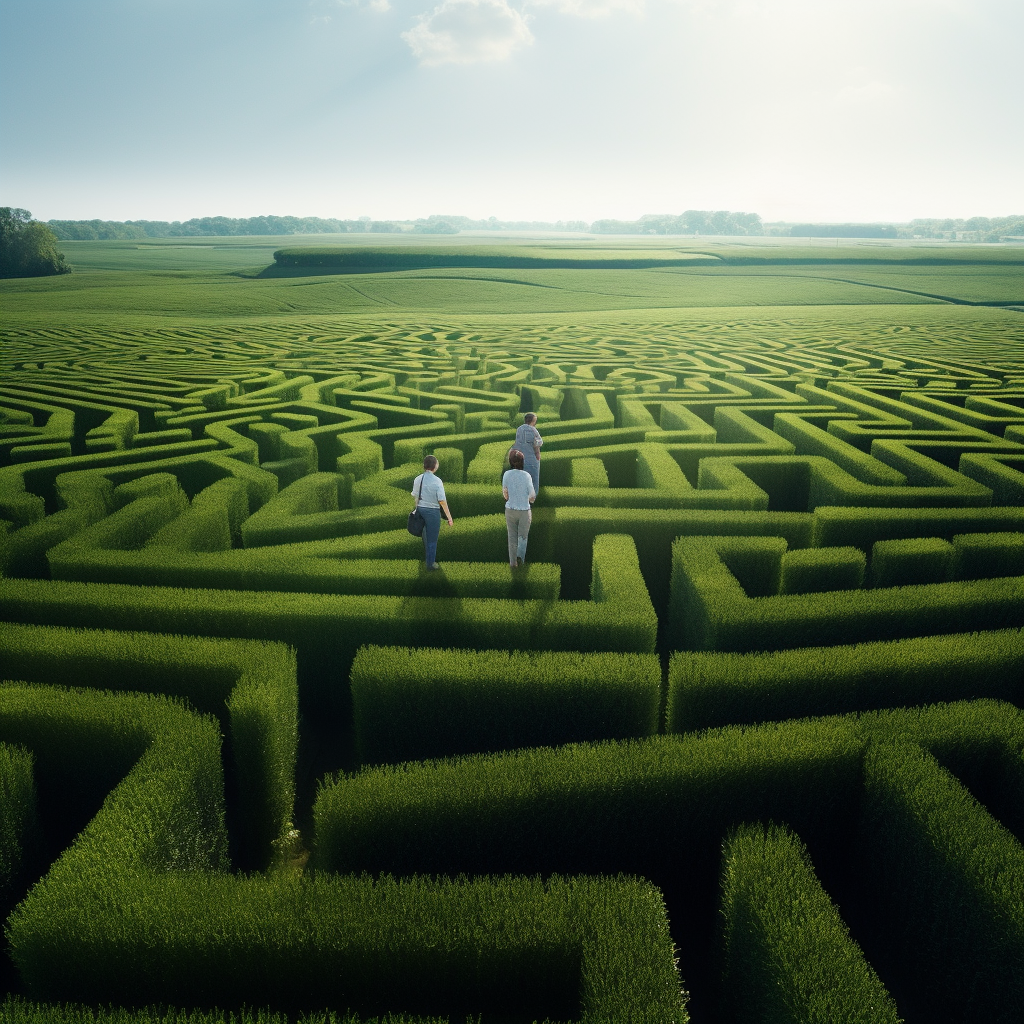 Friends in Maze, Surrounded by Buildings