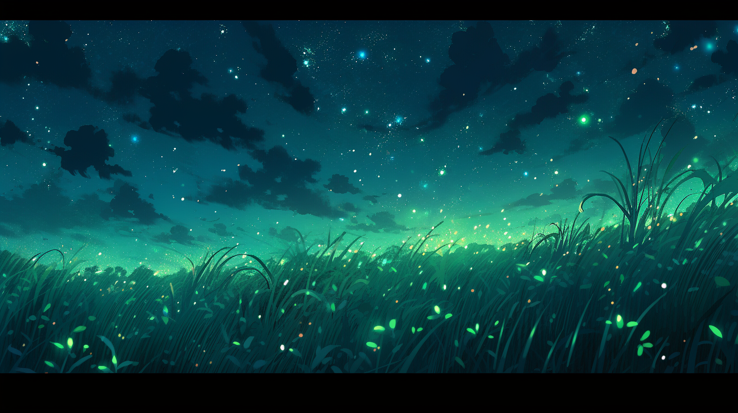 Green field with scattered clouds and stars