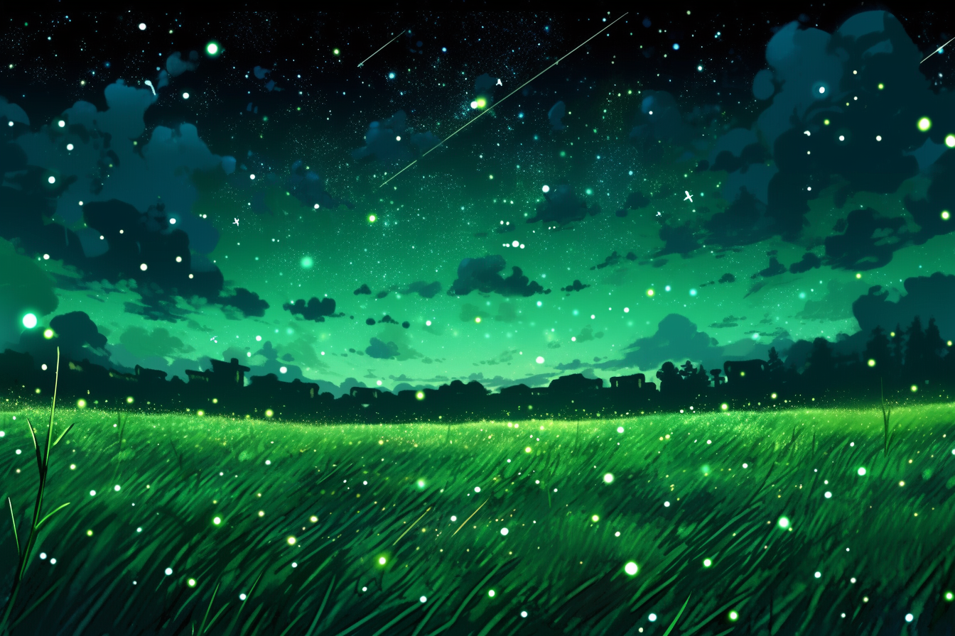 Green field at night with stars in pop art style