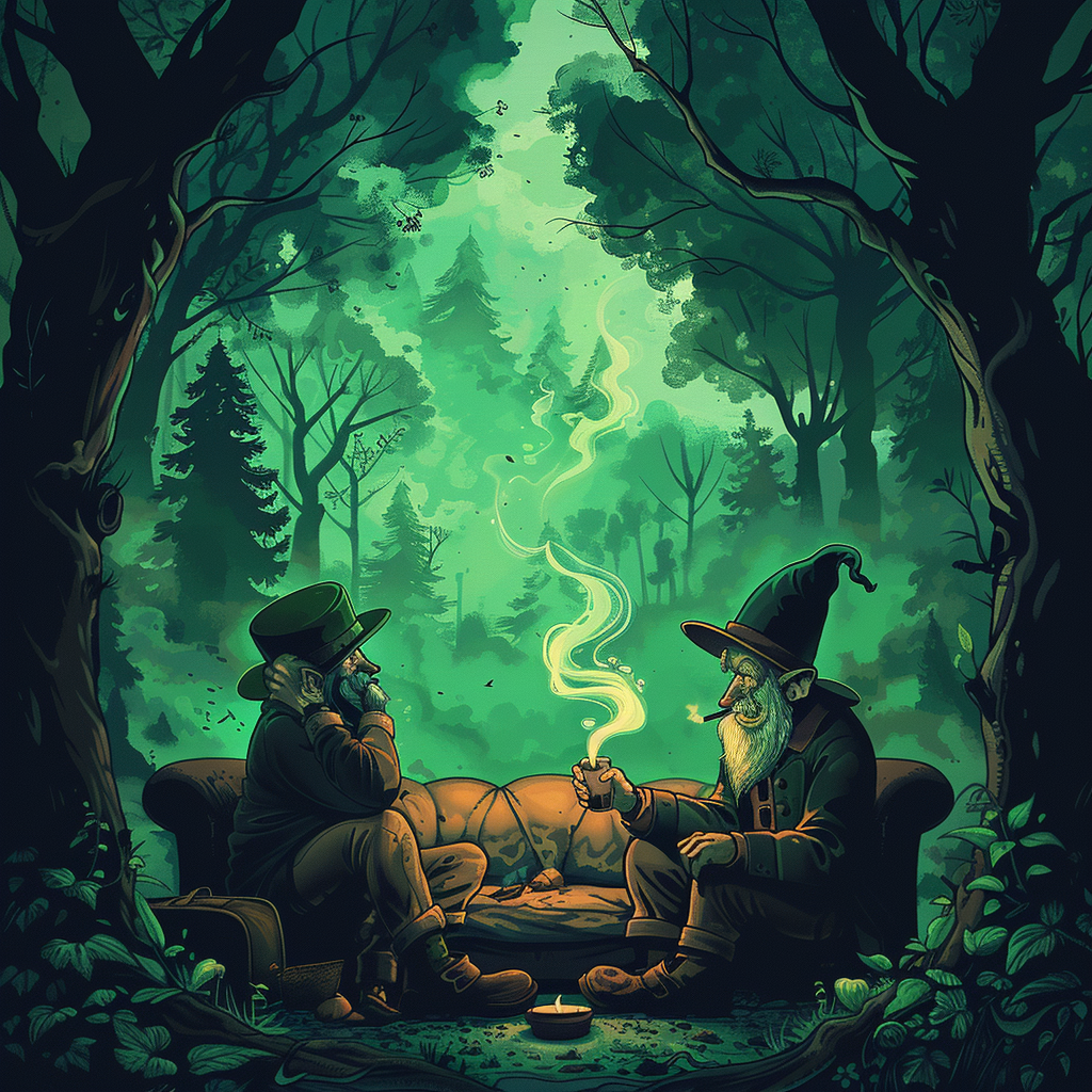 Two people smoking in forest