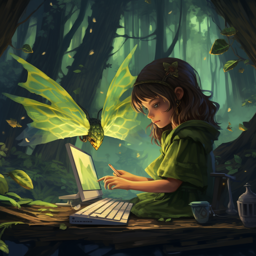 Green forest fairy with pixel wings playing with a boy