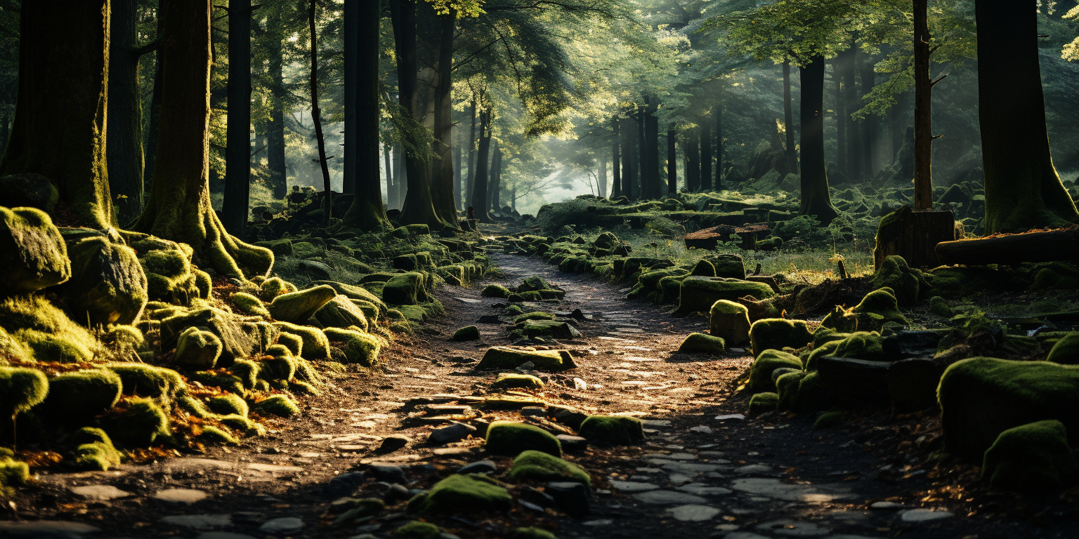 Serene morning light in green forest