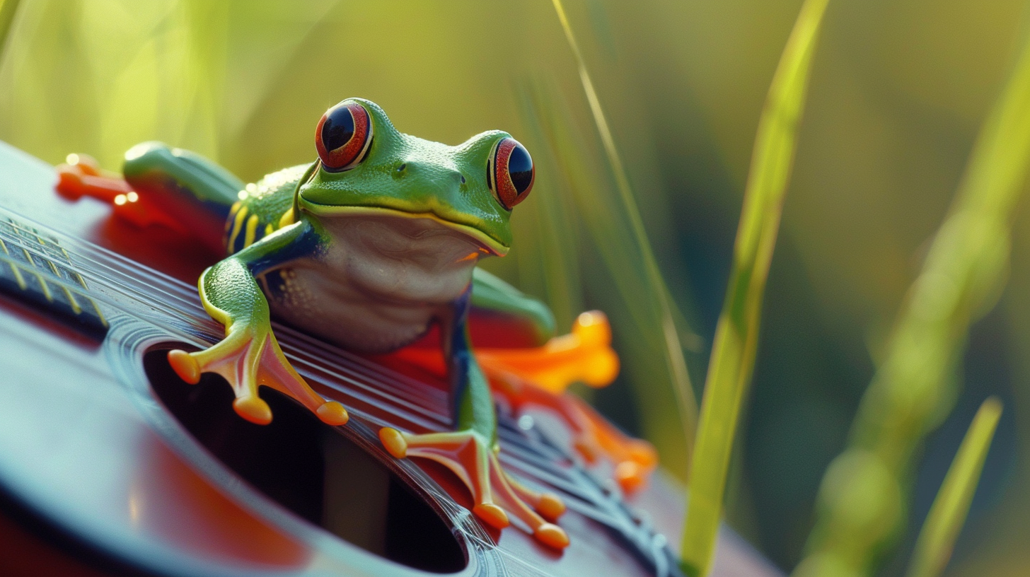 Little green frog on guitar