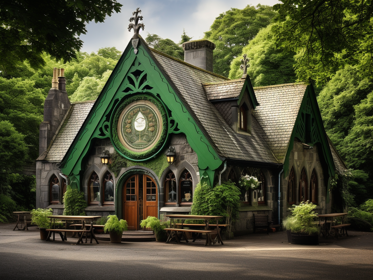 Exterior view of The Green Gate Pub designed like a treasure chest