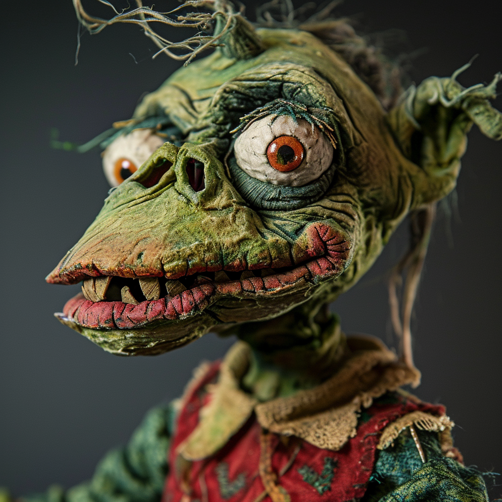 Creepy green ghoul puppet in mr meaty style