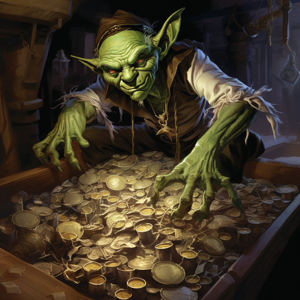 Pale green goblin thief rummaging treasure