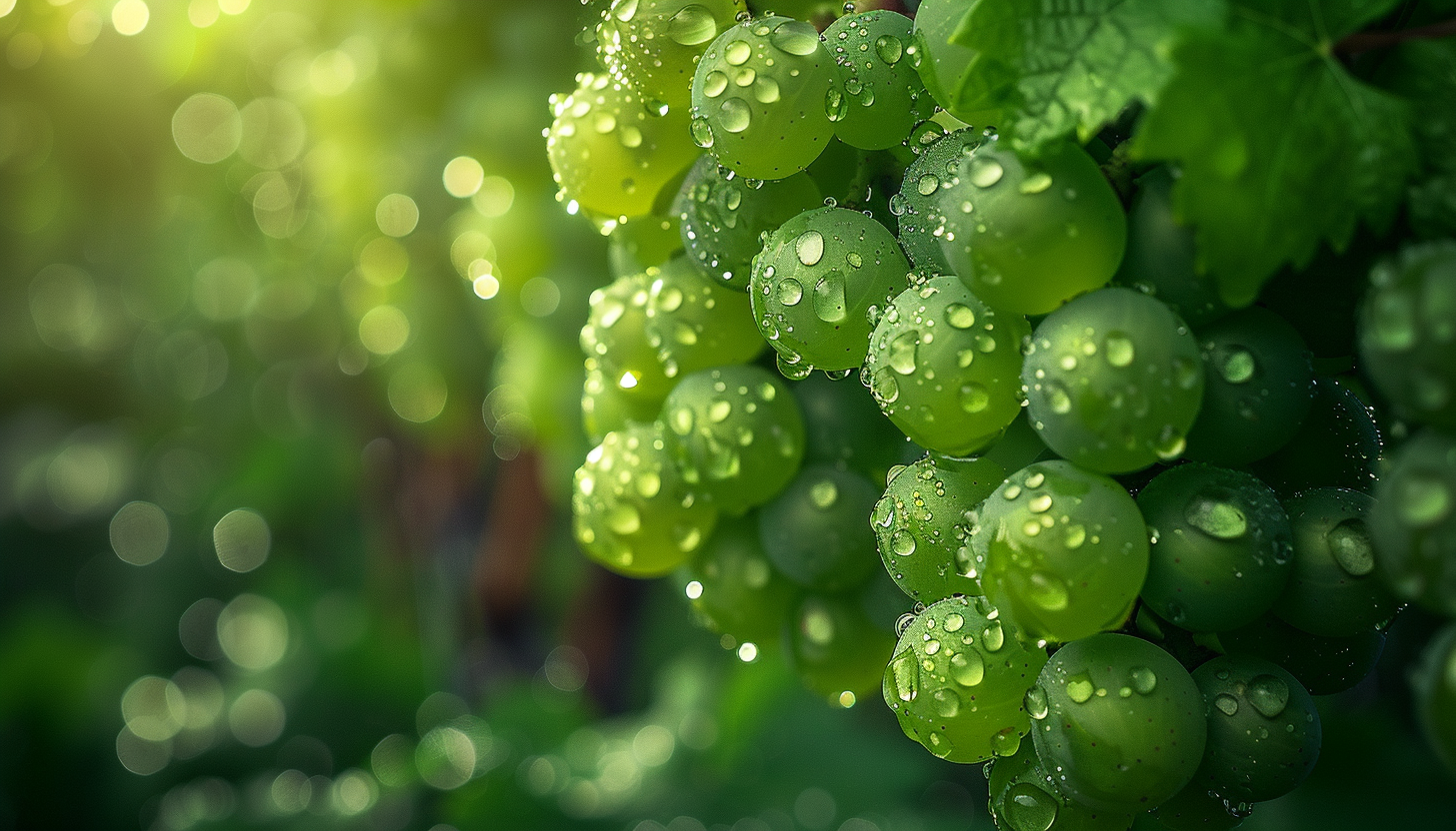 Green grapevines with dewdrops close-up