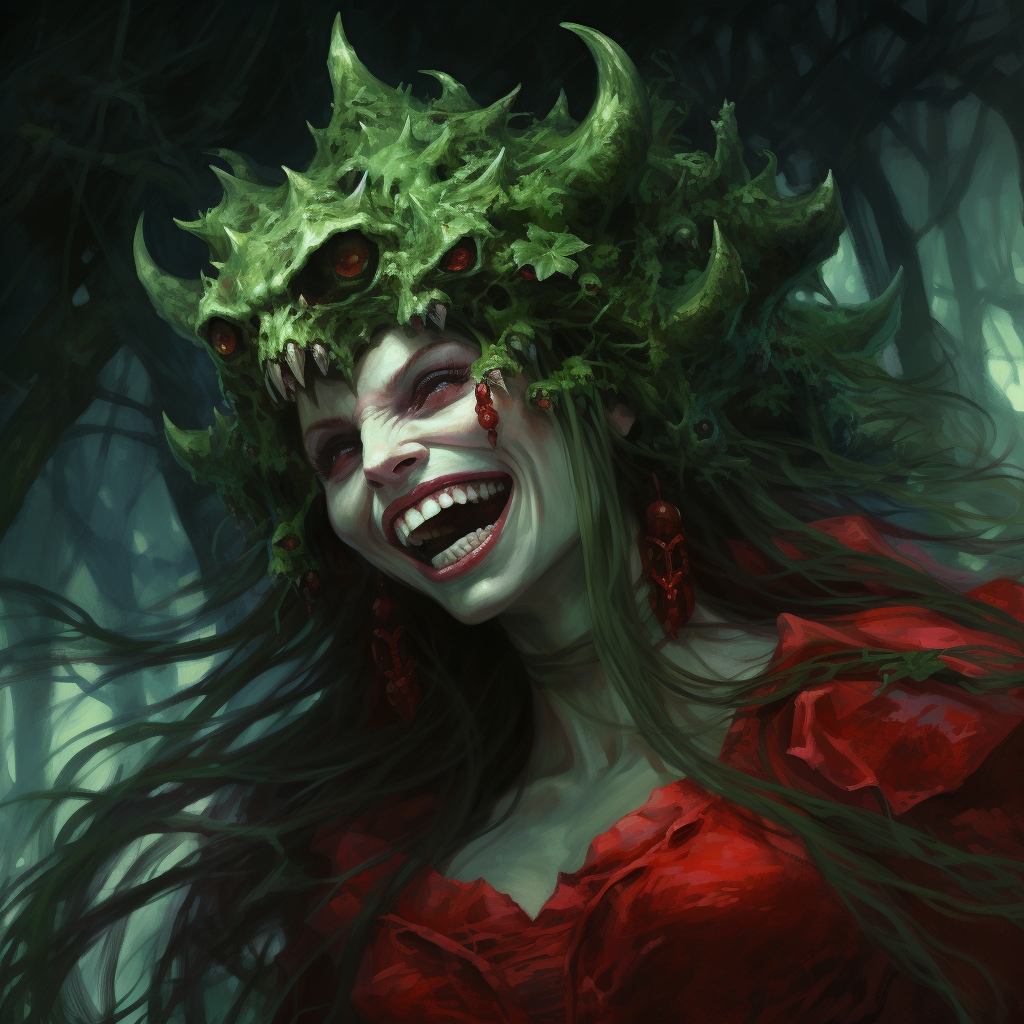 Sinister green hag in red dress