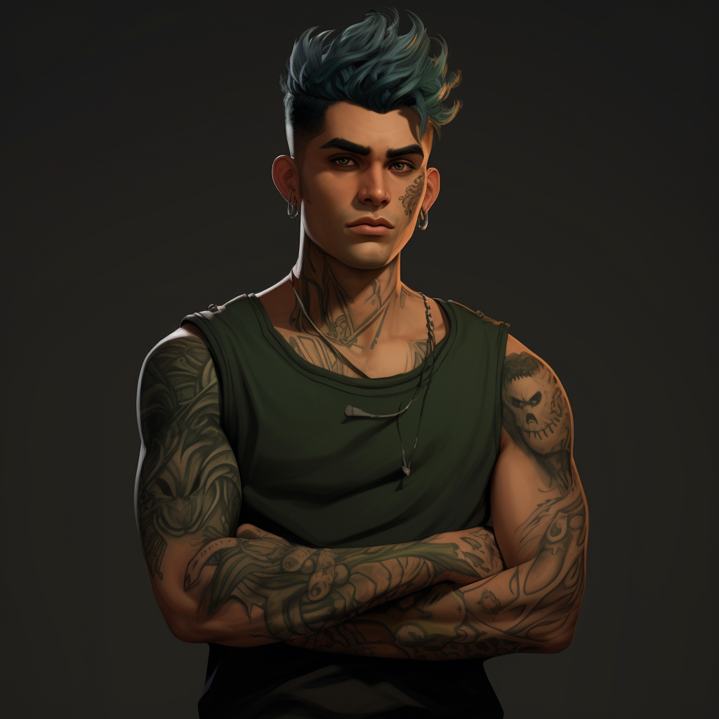 Green haired character with tattooed arm