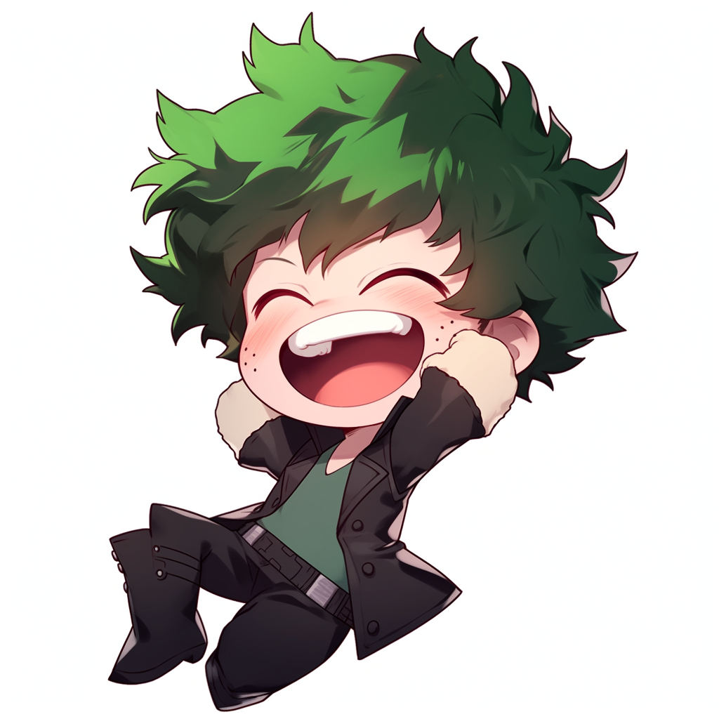 Chibi anime boy in green hair laughing