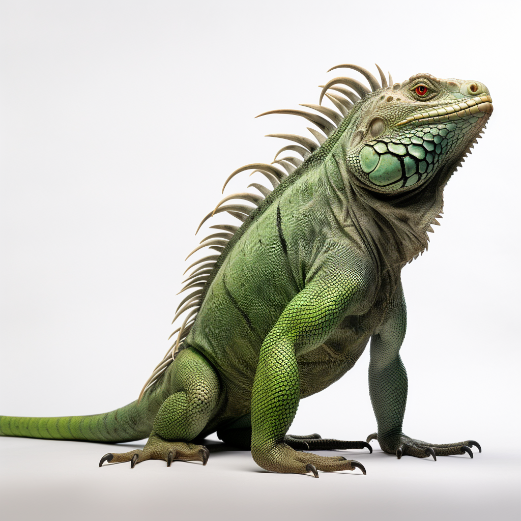 Deep green iguana with long hanging tail