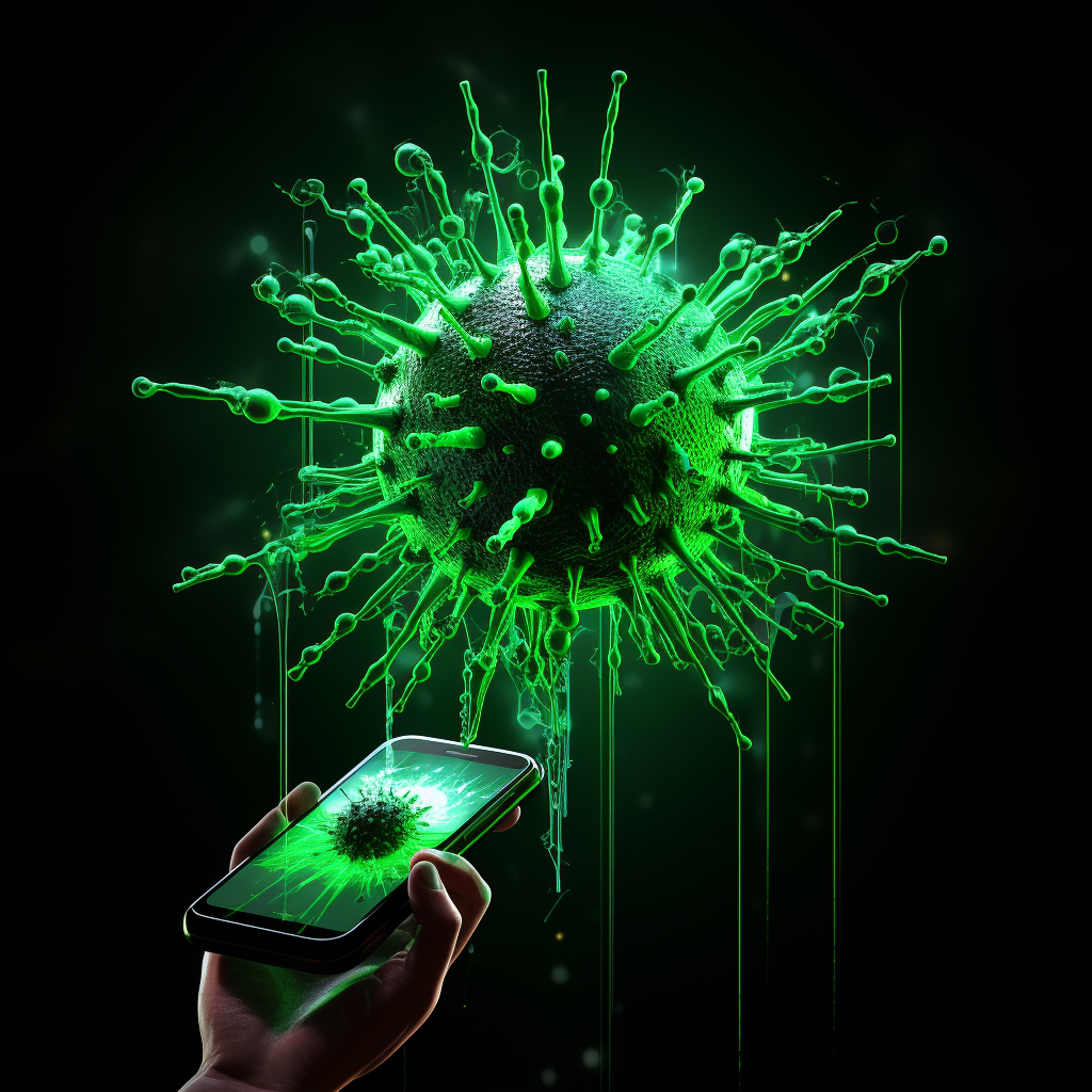 Green illuminating virus reaching out from phone screen