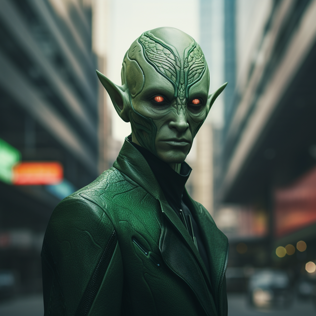 Portrait of Green Insectoid Man in Futuristic City Street