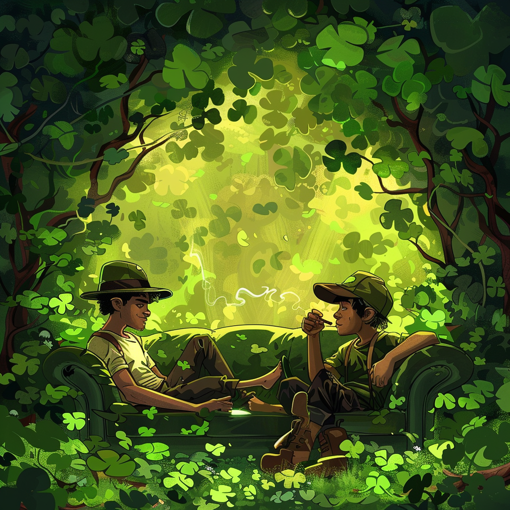 Two people in cartoon forest