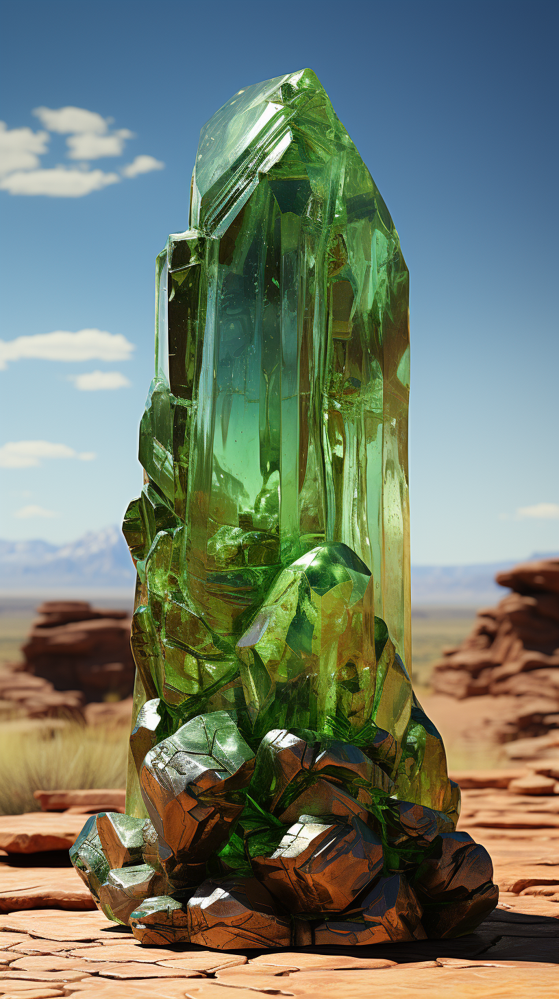 Vibrant green jade prism in desert landscape