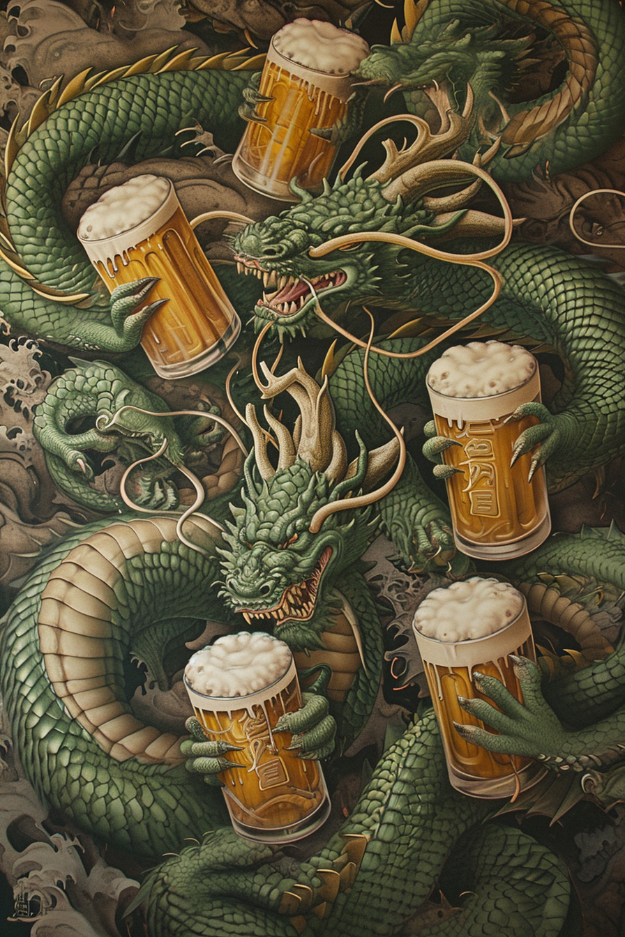 Green Japanese dragons with beer mugs