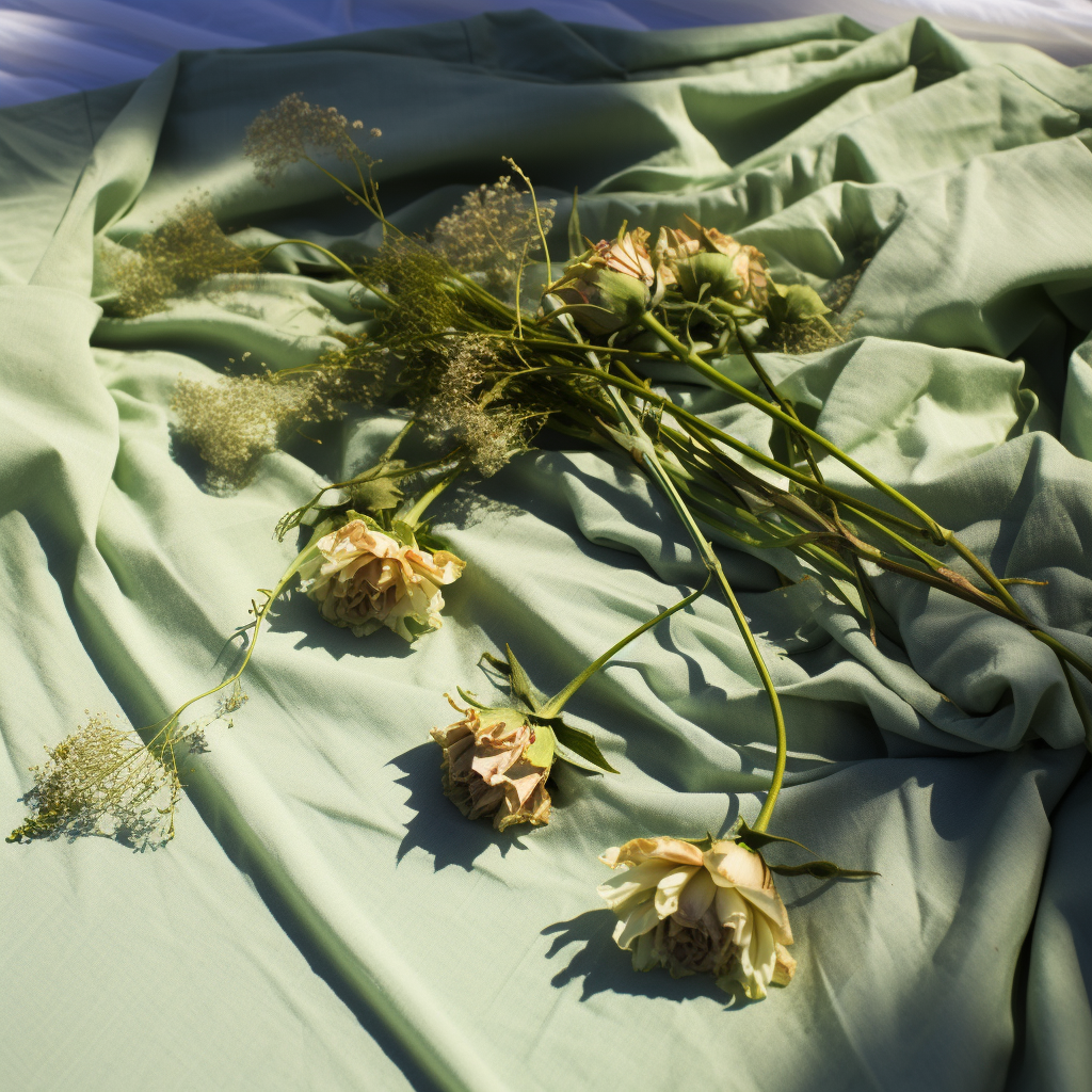 Green linen sheets with dead flowers and sunlight