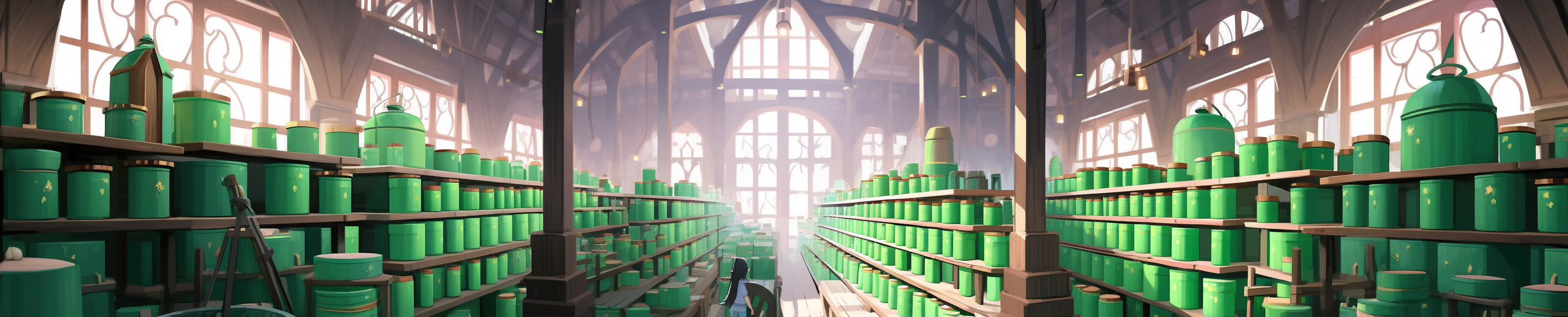 Wands in a green magic wand factory