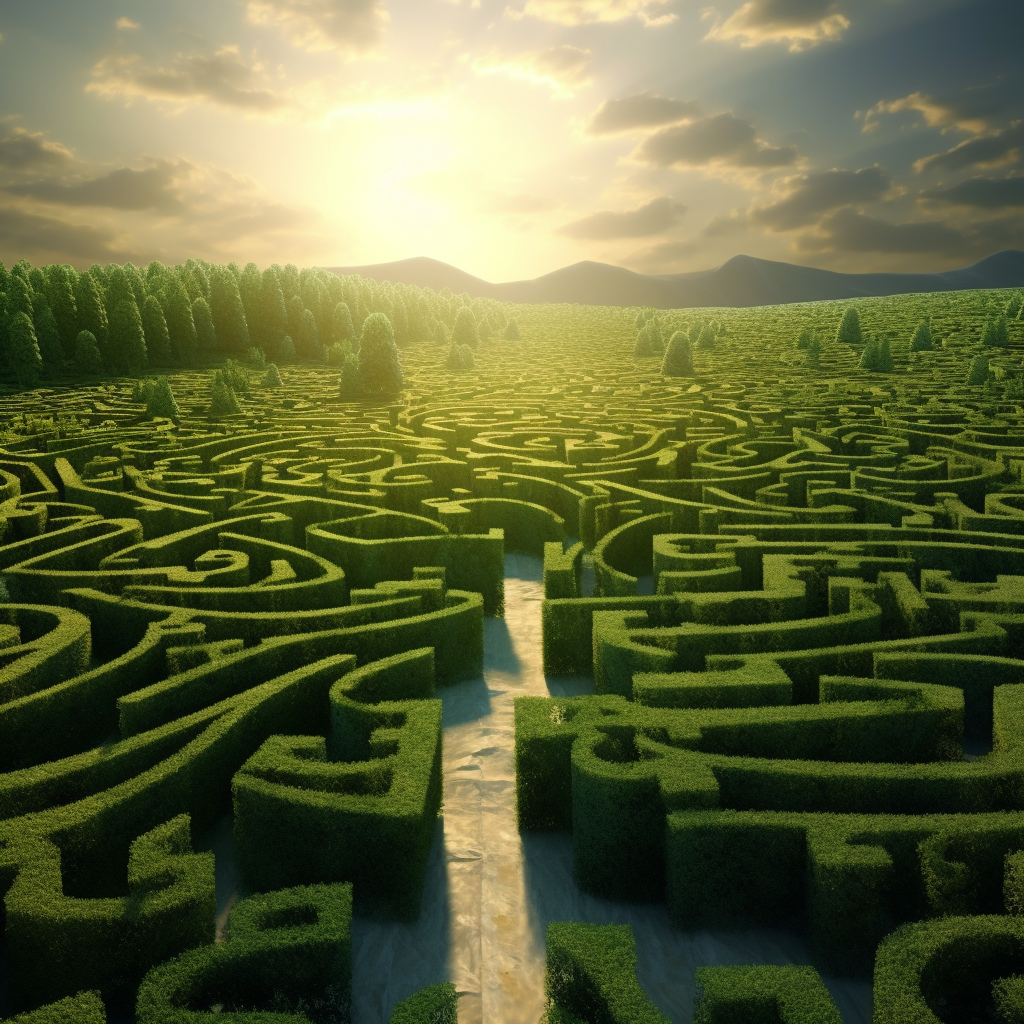 Friends lost in green maze, sunrise on road