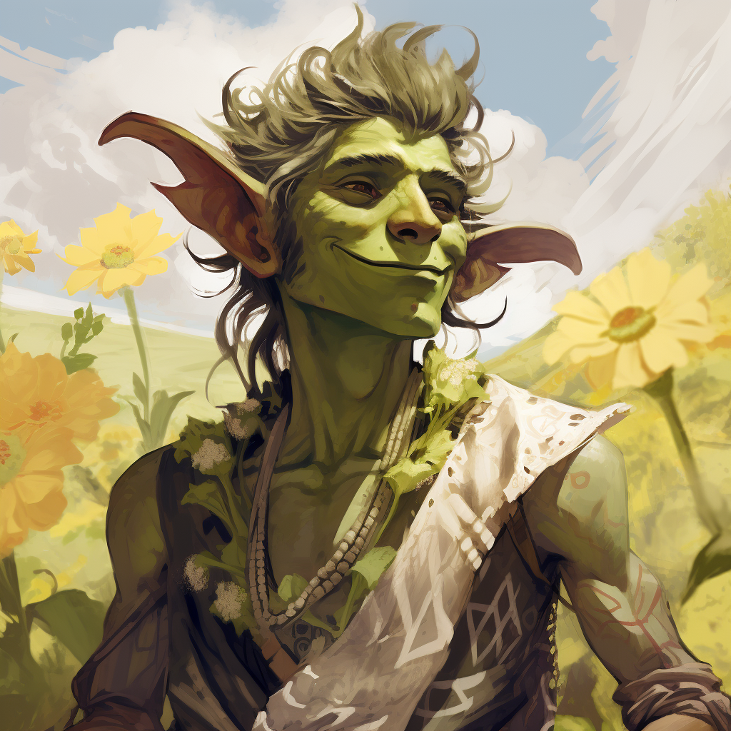 Lime green male goblin in blossoming meadows