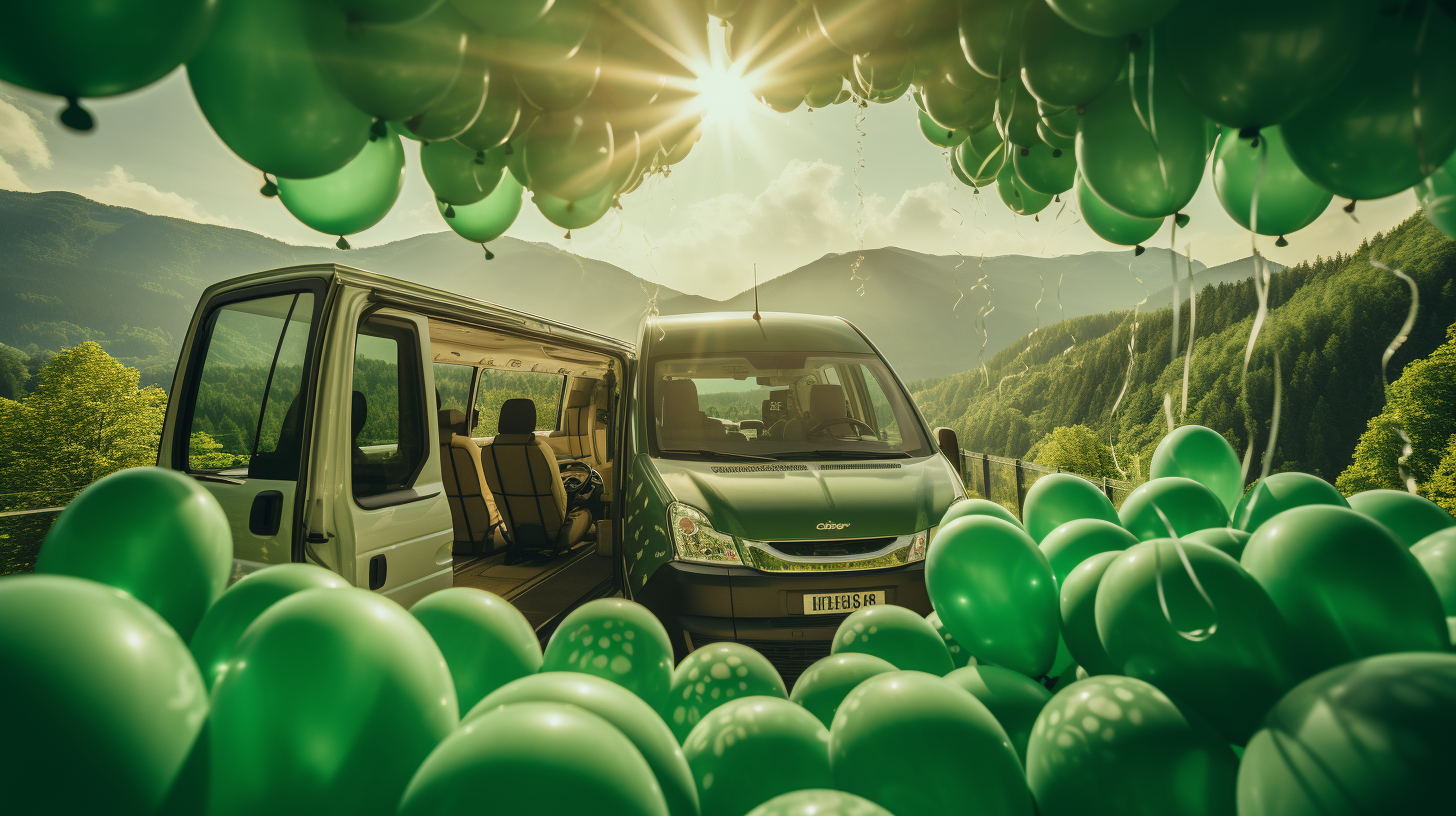 Green Mercedes Sprinter Van Driving through Balloons