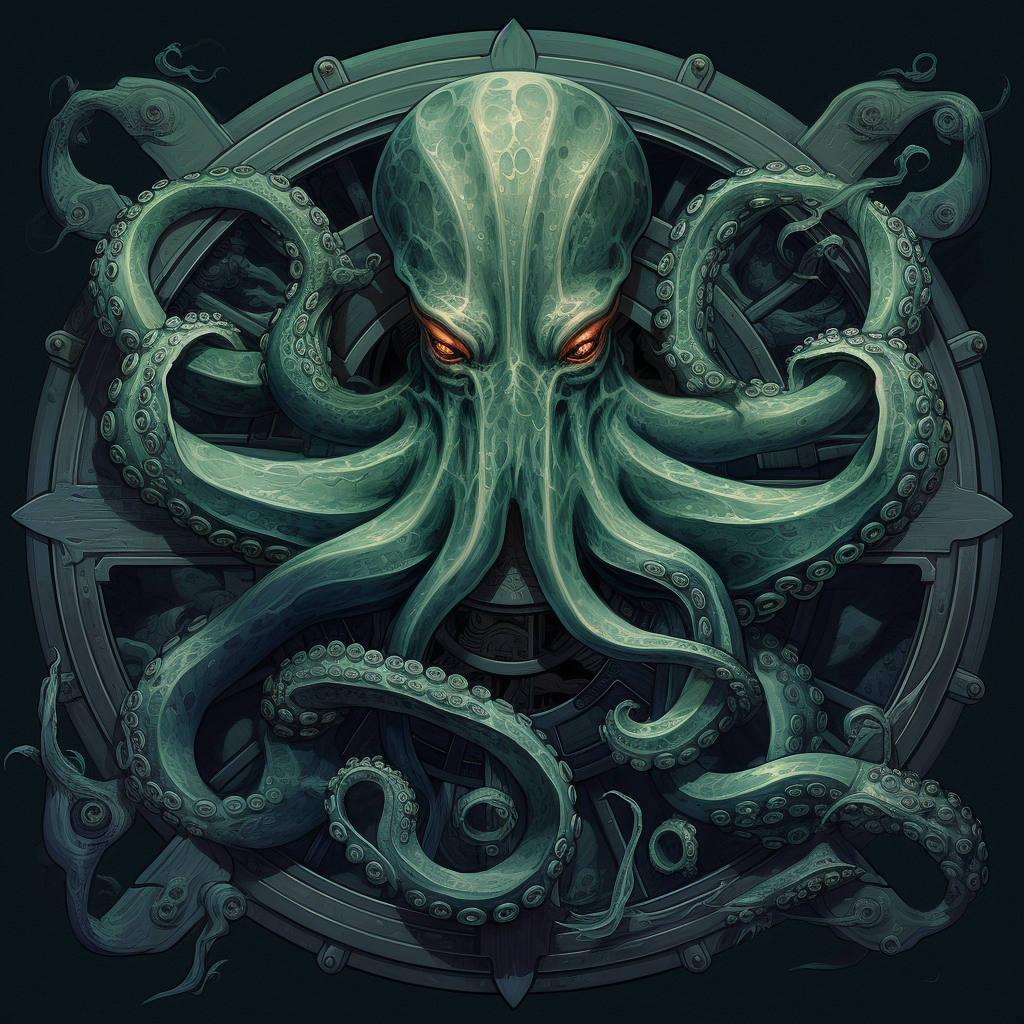 Dark sea green octopus wraps around ship wheel