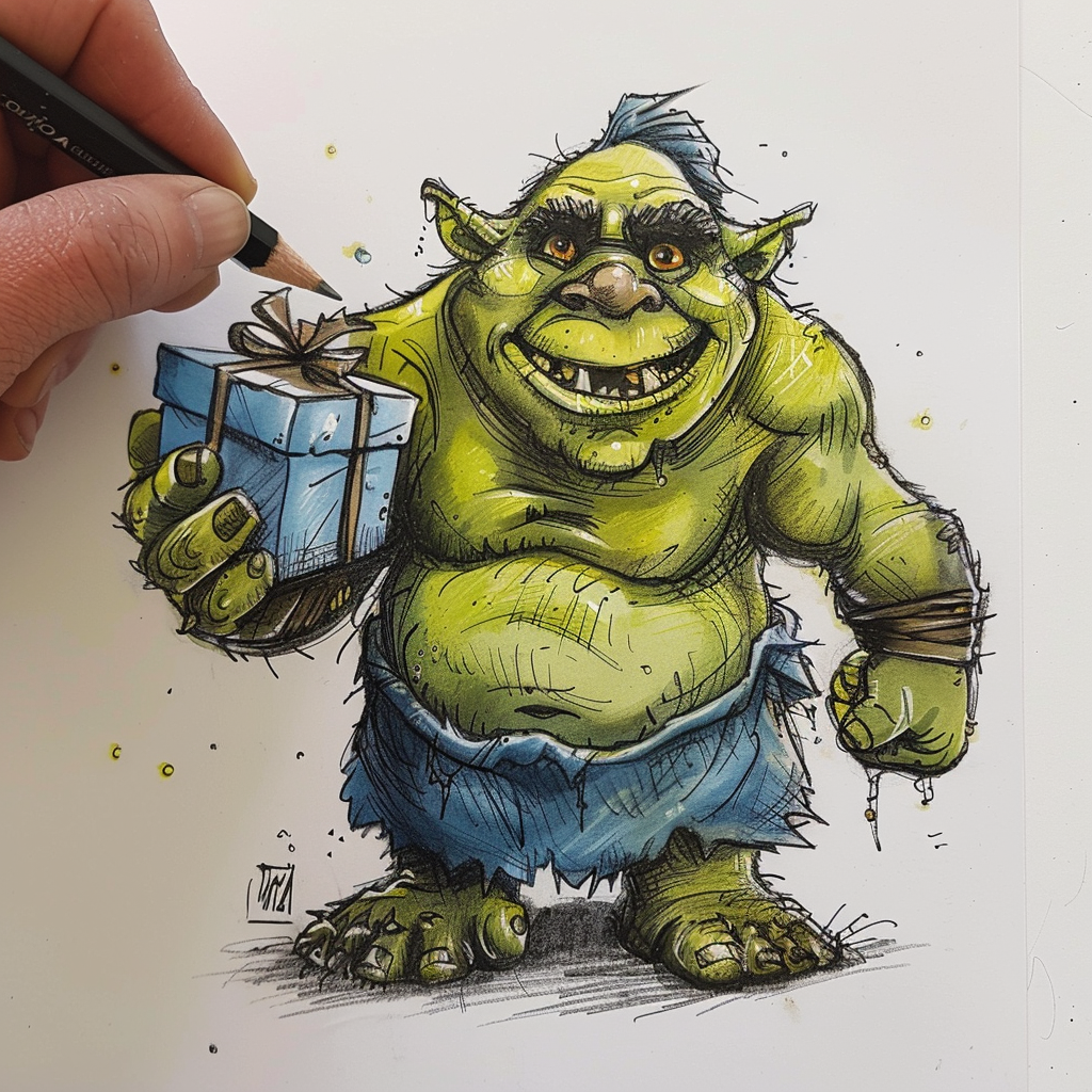 Green Ogre with Gift Cartoon