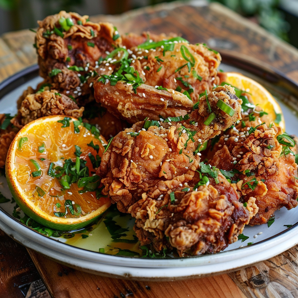 Colorful fried chicken menu items