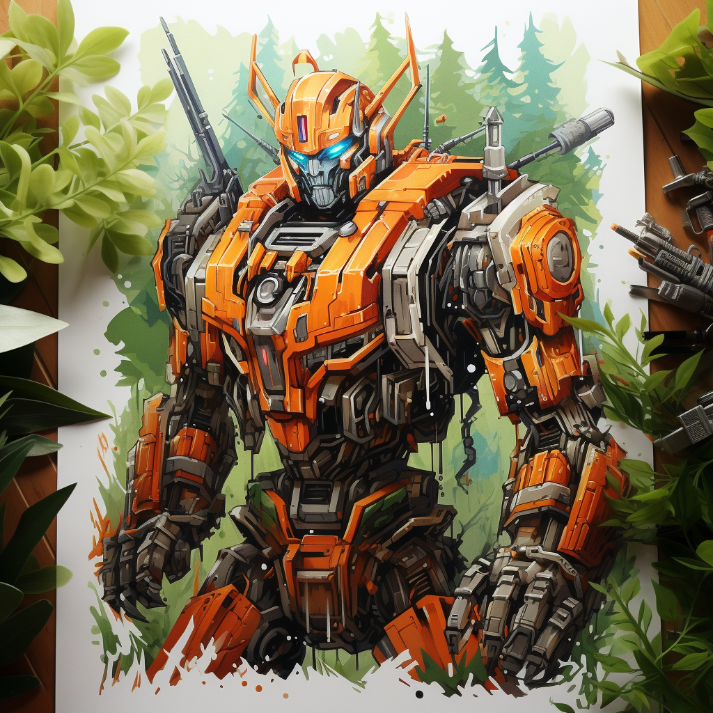 3D green and orange Transformers in a forest