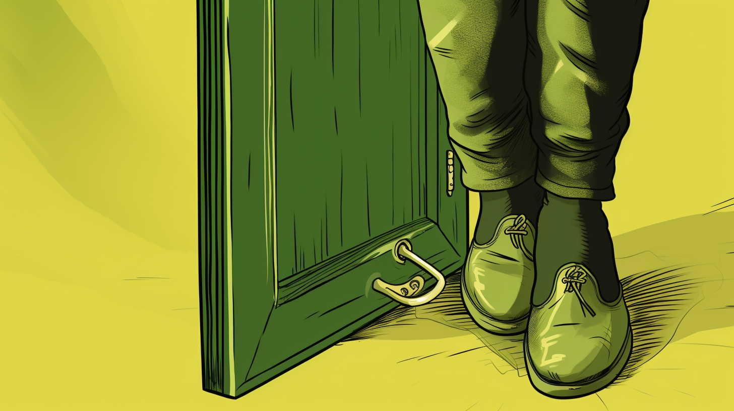 Illustration of black person holding door open with foot