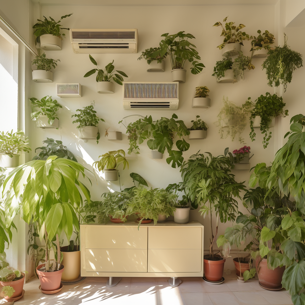 Green potted plants on beige wall