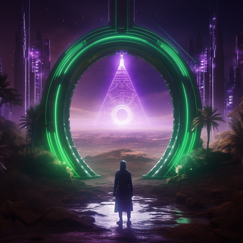 A majestic portal in a cyberpunk city leading to the Sahara desert