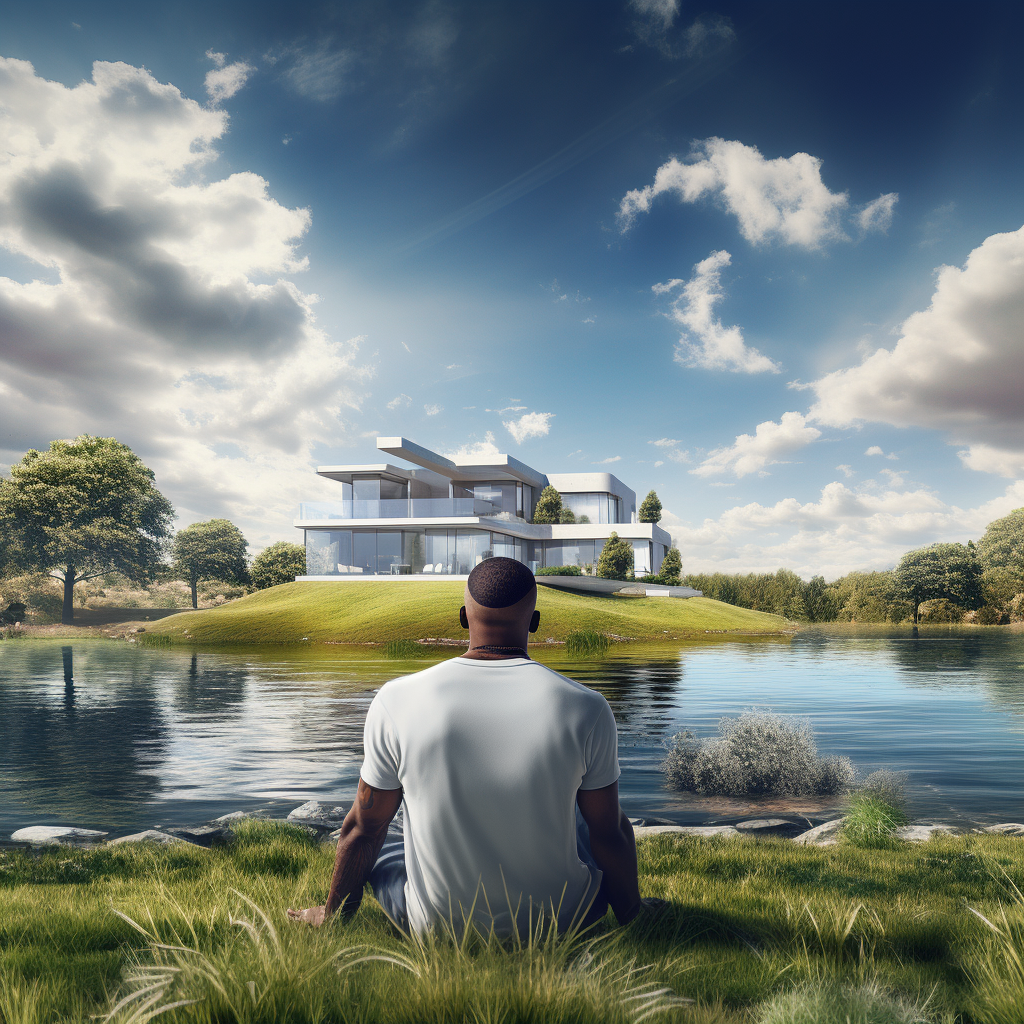 Man sitting on grass near stunning green river mansion