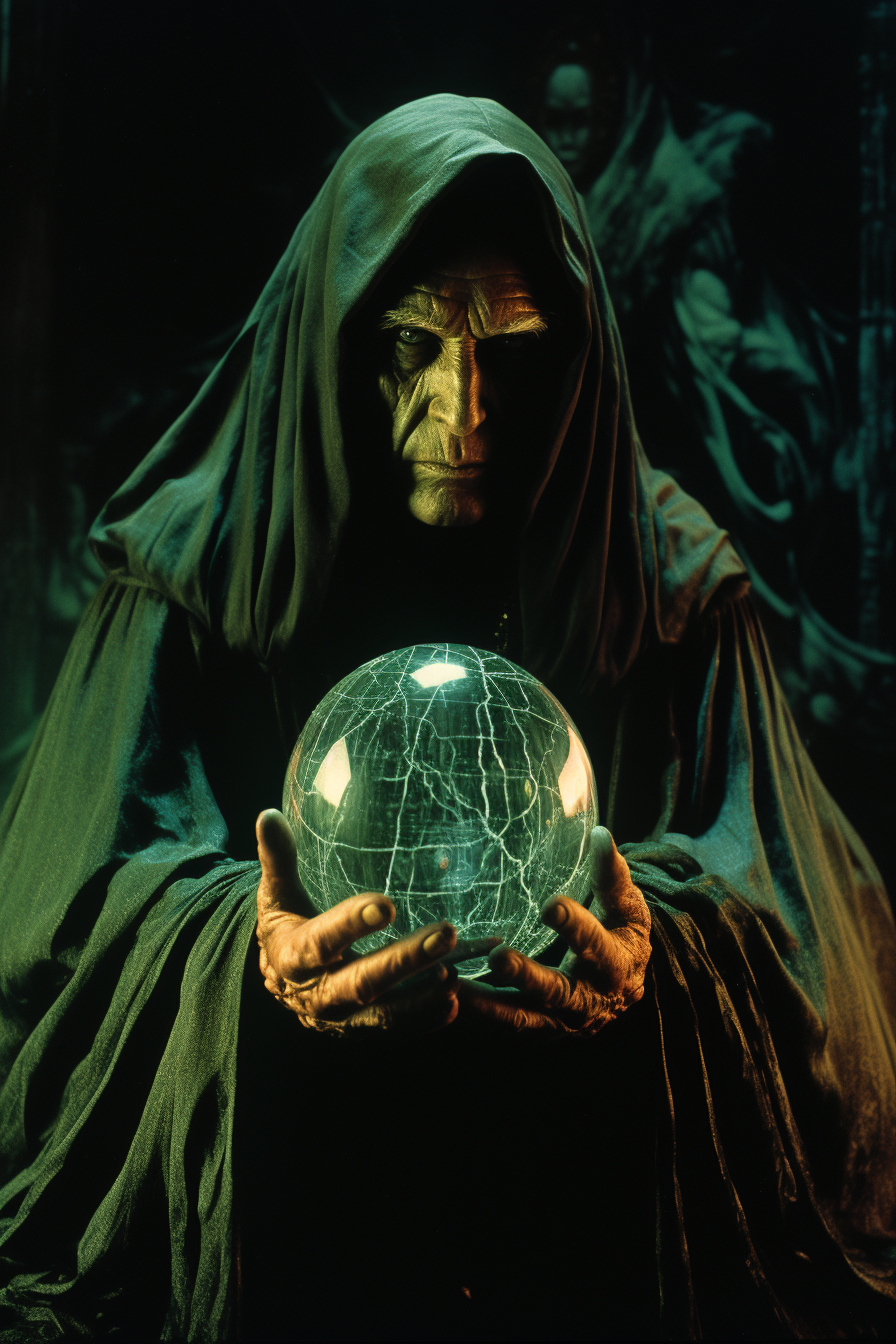 Man in green robe with crystal ball