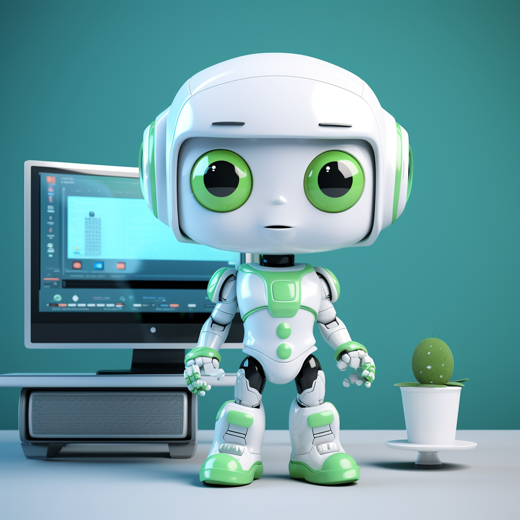 Cute green robot on 3D animation computer