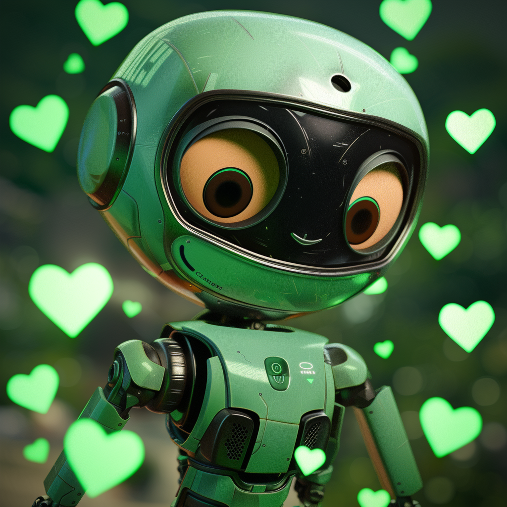 Green robot in love with hearts