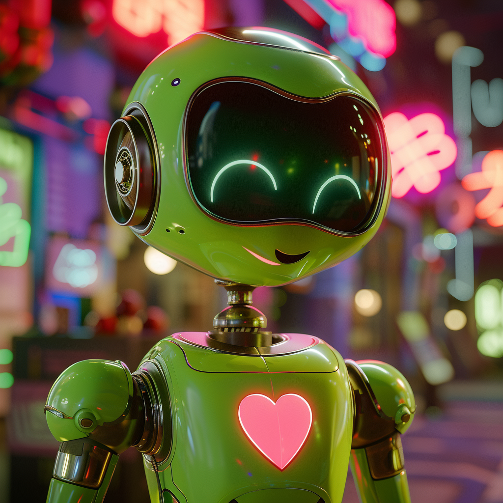 Green robot in love Pixar style